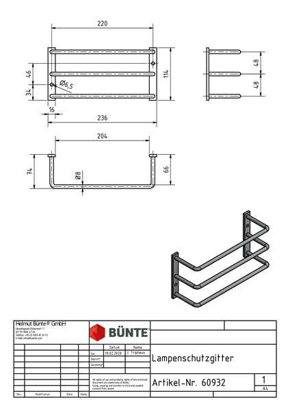 Lampenschutzgitter. 114 x 236 x 74 mm