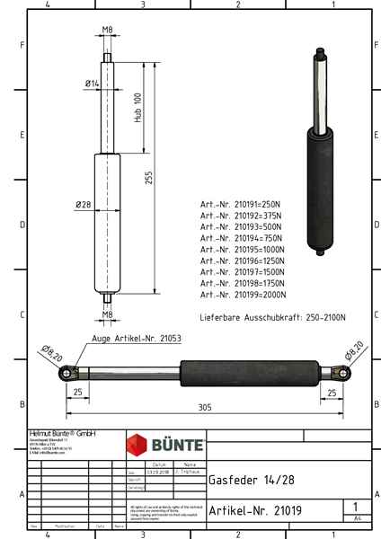 BÜNTE Gasfeder 14/28, 1000 N, 255 mm, 100 mm Hub