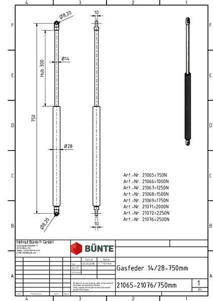 BÜNTE Gasfeder 14/28, 1250 N, 750 mm, 300 mm Hub