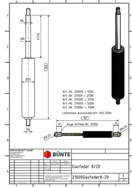 BÜNTE Gasfeder 8/19, 500 N, 165 mm, 60 mm Hub