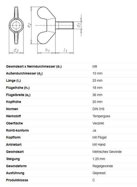 Flügelschraube, M8 x 25 mm, DIN 316