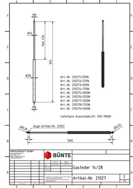 BÜNTE Gasfeder 14/28, 250 N, 955 mm, 450 mm Hub