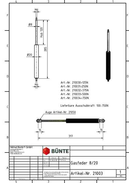 BÜNTE Gasfeder 8/19, 750 N, 285 mm, 120 mm Hub