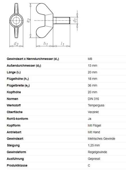 Flügelschraube, M8 x 20 mm, DIN 316