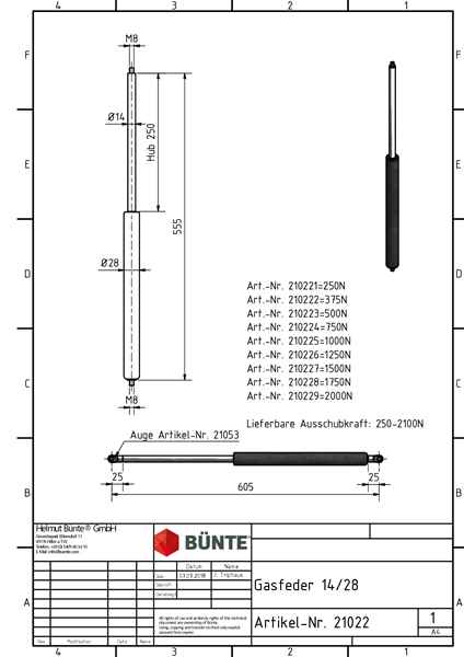 BÜNTE Gasfeder 14/28, 1500 N, 555 mm, 250 mm Hub
