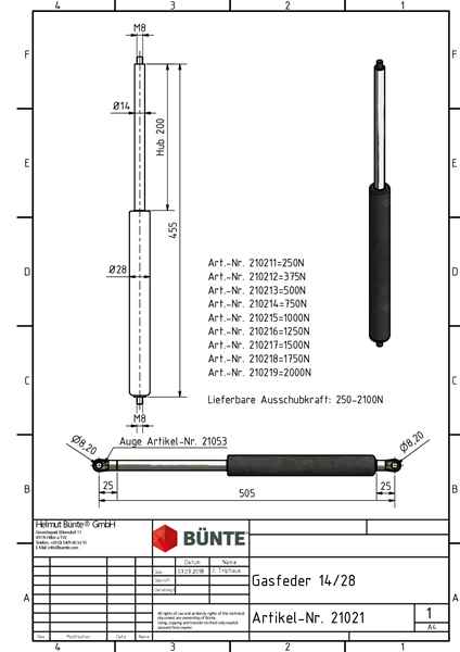 BÜNTE Gasfeder 14/28, 750 N, 455 mm, 200 mm Hub