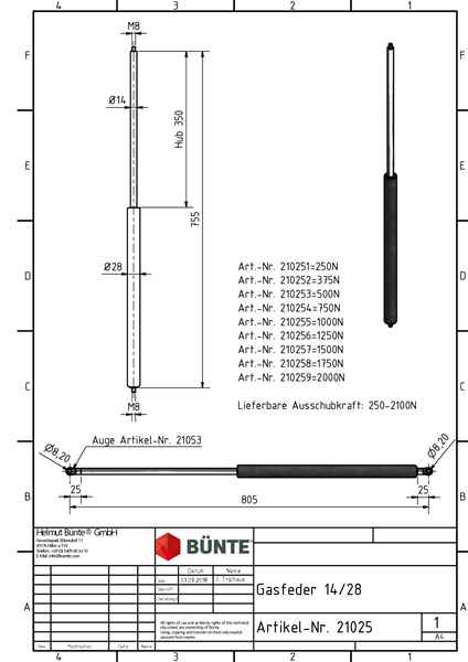 BÜNTE Gasfeder 14/28, 750 N, 755 mm, 350 mm Hub