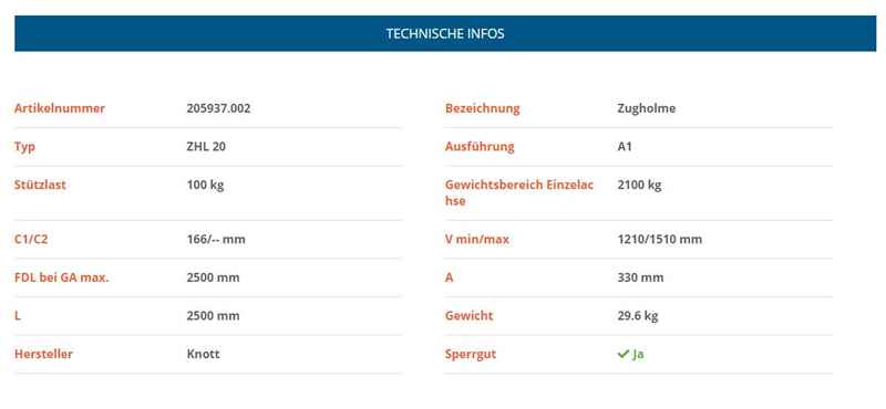 KNOTT Zugholme ZHL20, Ausf. A1, 2100 kg, 2500 mm