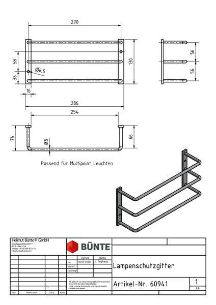 Lampenschutzgitter. 130 x 286 x 74 mm