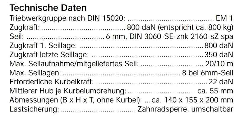 Seilwinde, Zuglast 800 kg, m. Ø 6 mm x 10 m