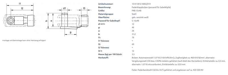 Federklappbolzen Ø 12 mm, 31,2 x 78 mm