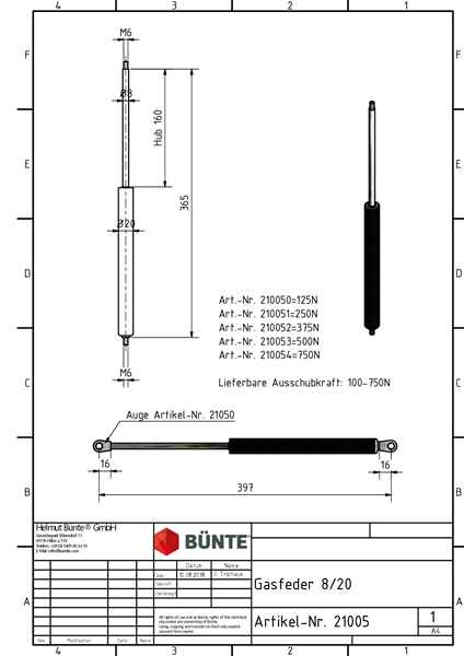 BÜNTE Gasfeder 8/19, 250 N, 365 mm, 160 mm Hub