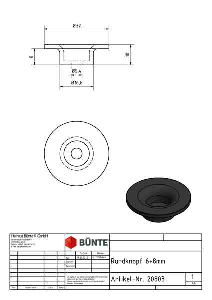 Rundknopf groß, Ø 32 mm, einseitig montierbar