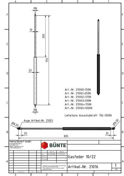 BÜNTE Gasfeder 10/22, 750 N, 755 mm, 350 mm Hub