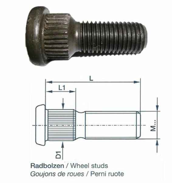 Radbolzen m. Riffelbund, M12 x 1,5 x 36 mm