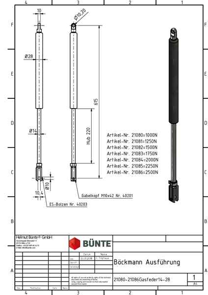 BÜNTE Gasfeder 14/28, 1750 N, 615 mm, 220 mm Hub