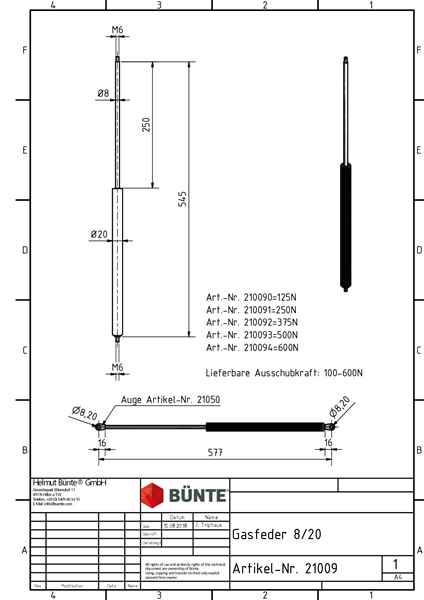BÜNTE Gasfeder 8/19, 50-750 N, 545 mm, 250 mm Hub
