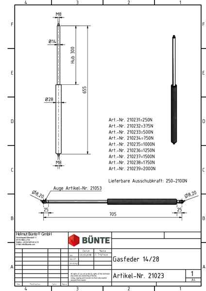 BÜNTE Gasfeder 14/28, 250 N, 655 mm, 300 mm Hub