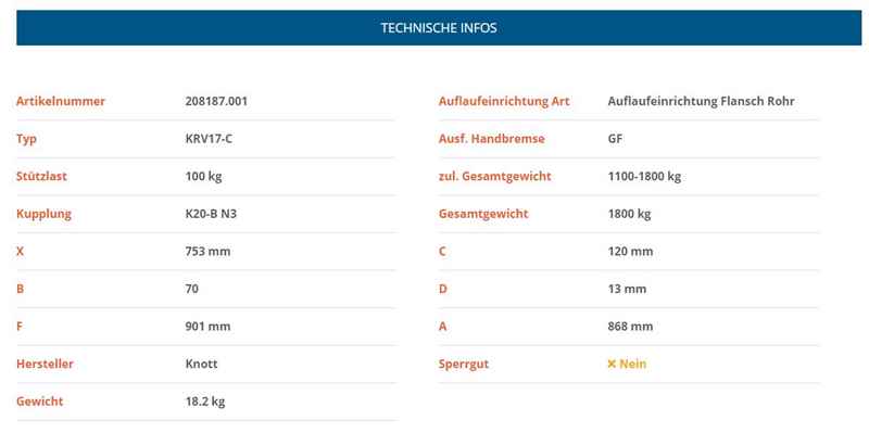 KNOTT Auflaufeinrichtung KRV17-C, 1100-1800 kg