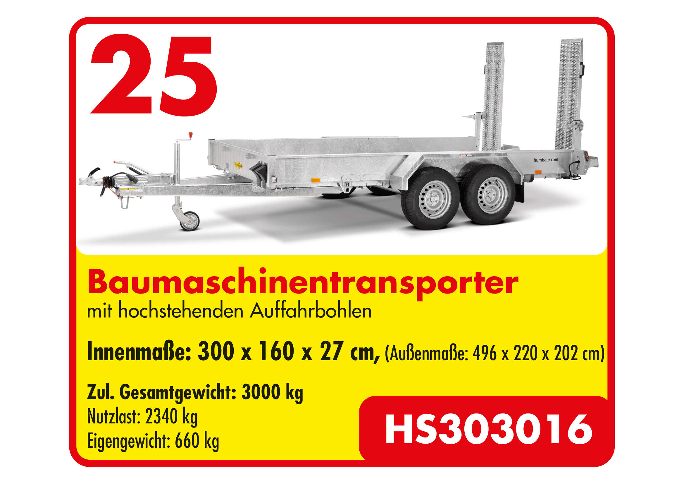 Humbaur Serie 3500 3000x1600x270 mm Ladefläche Baumaschinentransporter mit Stahlauffahrbohlen