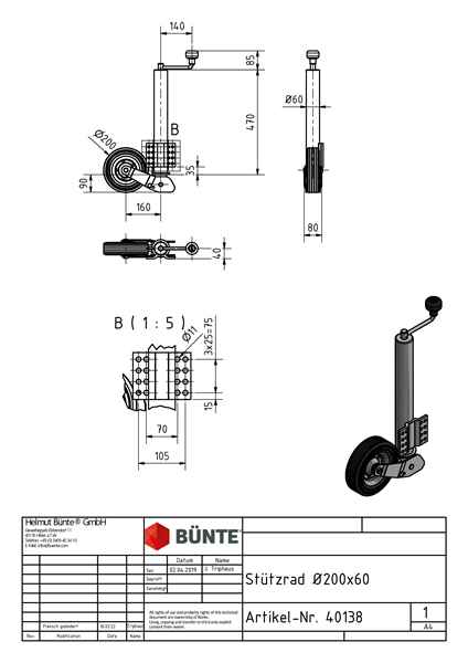 BÜNTE Stützrad, Ø 60 mm, automatisch klappbar