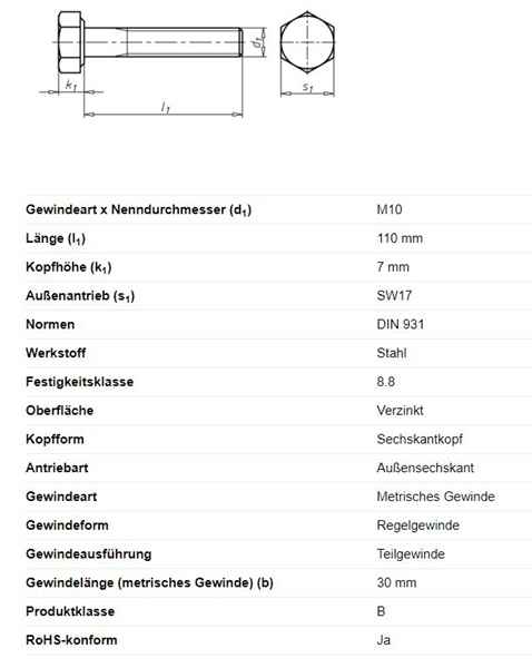Sechskantschraube m. Schaft, M10 x 110 mm