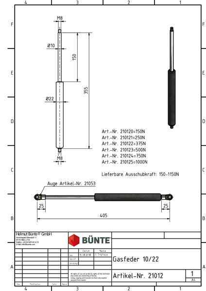 BÜNTE Gasfeder 10/22, 1000 N, 355 mm, 150 mm Hub