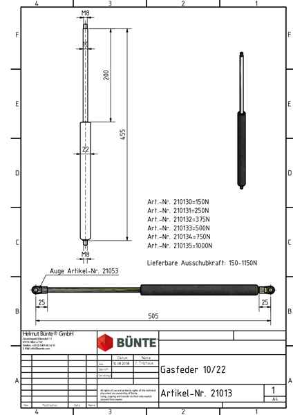 BÜNTE Gasfeder 10/22, 250 N, 455 mm, 200 mm Hub