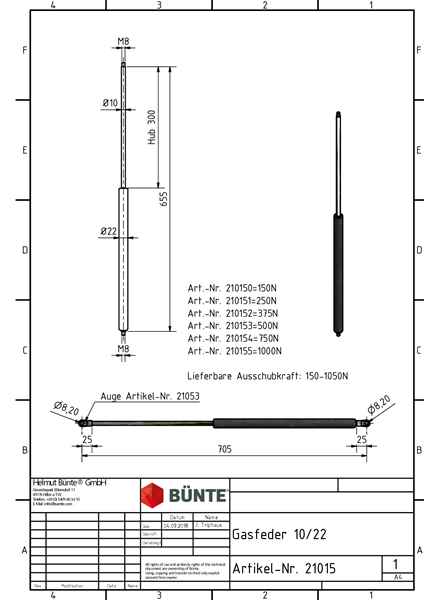 BÜNTE Gasfeder 10/22, 750 N, 655 mm, 300 mm Hub