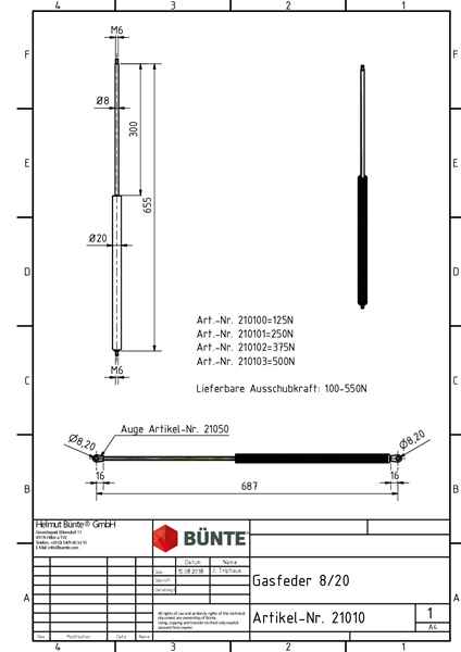 BÜNTE Gasfeder 8/19, 125 N, 655 mm, 300 mm Hub