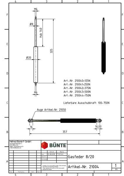 BÜNTE Gasfeder 8/19, 750 N, 325 mm, 140 mm Hub