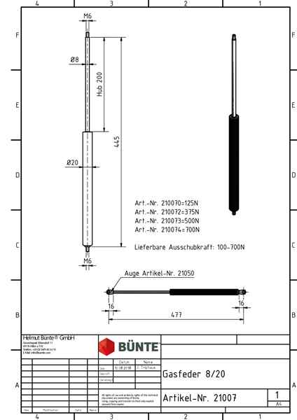 BÜNTE Gasfeder 8/19, 50-750 N, 445 mm, 200 mm Hub