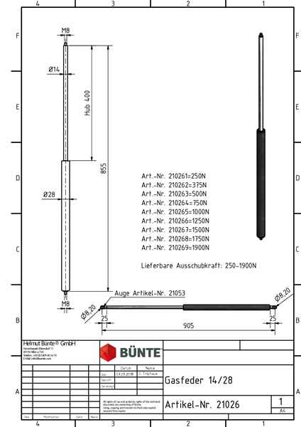 BÜNTE Gasfeder 14/28, 500 N, 855 mm, 400 mm Hub