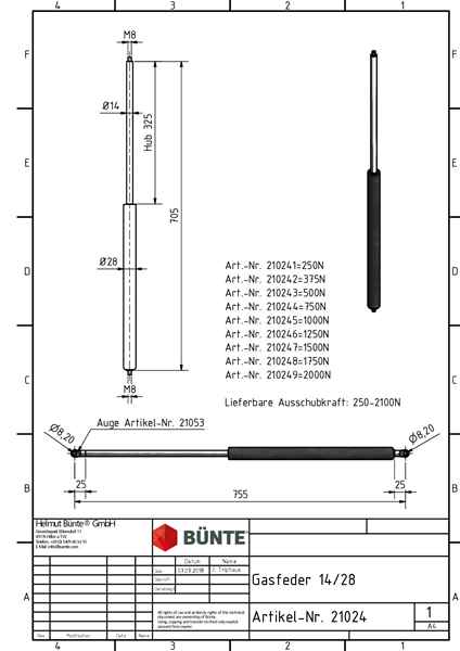 BÜNTE Gasfeder 14/28, 1000 N, 705 mm, 325 mm Hub