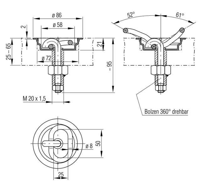 Zurrmulde, rund, Ø 86 x 21 mm, m. 360° drehbaren
