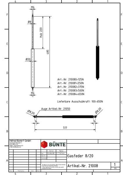 BÜNTE Gasfeder 8/19, 750 N, 485 mm, 220 mm Hub