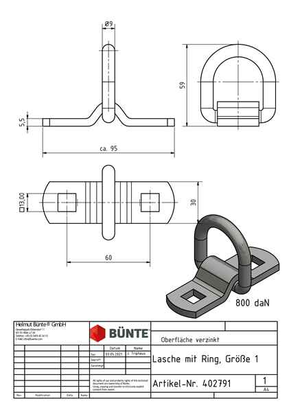 Lasche u. Ring, 30 x 95 mm, Lochabstand 60 mm