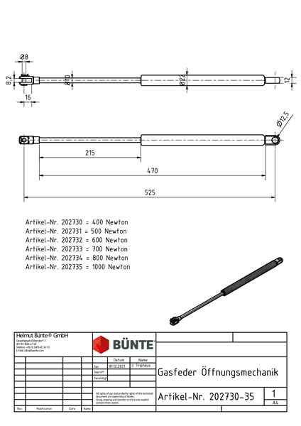 BÜNTE Gasfeder 10/22, 700 N, 525 mm, 215 mm Hub